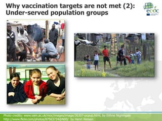 Why vaccination targets are not met (2):
Under-served population groups
Photo credits: www.vam.ac.uk/moc/images/image/36307-popup.html, by Eithne Nighingale
http://www.flickr.com/photos/87563734@N00/ by Henri Weisen
 