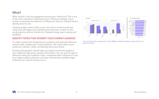 The 2015 Influencer Marketing Guide #SocialAnalytics8
What?
What content is driving engagement among your influencers? This is one
of the most important components of your influencer strategy. If your
content is attracting the attention of influencers, half your outreach work is
already done for you.
Creating quality content both on your site and on social ensures that
influencers will respect your brand and promote your content to their
social audience without a whole lot of wasted energy spent coaxing and
prodding.
IDENTIFY TOPICS THAT INTEREST YOUR CURRENT AUDIENCE
To create content that enraptures your audience and potential influencer
partners alike, analyze your current audience. Get a good idea of your
audience’s interests, needs, and feelings about your brand.
Knowing demographic details helps you target content that speaks to
your audience’s age group, gender, and location. You can use this data to
determine what your audience is like, understand which influencers fit into
your target audience personas, and even identify other possible target
audiences you may be missing out on.
This chart shows the most popular cities for @Nike’s Instagram followers, along with the top
specific locations.
 