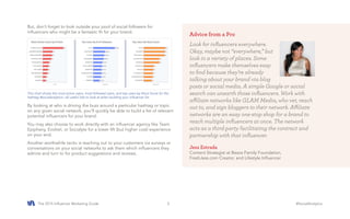 The 2015 Influencer Marketing Guide #SocialAnalytics5
But, don’t forget to look outside your pool of social followers for
influencers who might be a fantastic fit for your brand.
By looking at who is driving the buzz around a particular hashtag or topic
on any given social network, you’ll quickly be able to build a list of relevant
potential influencers for your brand.
You may also choose to work directly with an influencer agency like Team
Epiphany, Evolve!, or Socialyte for a lower lift (but higher cost) experience
on your end.
Another worthwhile tactic is reaching out to your customers via surveys or
conversations on your social networks to ask them which influencers they
admire and turn to for product suggestions and reviews.
This chart shows the most active users, most followed users, and top users by Klout Score for the
hashtag #socialanalytics—all useful lists to look at when building your influencer list.
Advice from a Pro
Look for influencers everywhere.
Okay, maybe not “everywhere,” but
look in a variety of places. Some
influencers make themselves easy
to find because they’re already
talking about your brand via blog
posts or social media. A simple Google or social
search can unearth those influencers. Work with
affiliate networks like GLAM Media, who vet, reach
out to, and sign bloggers to their network. Affiliate
networks are an easy one-stop shop for a brand to
reach multiple influencers at once. The network
acts as a third-party facilitating the contract and
partnership with that influencer.
Jess Estrada
Content Strategist at Bezos Family Foundation,
FreshJess.com Creator, and Lifestyle Influencer
 