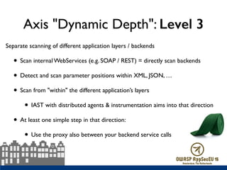 Axis "Dynamic Depth": Level 3
Separate scanning of different application layers / backends
• Scan internal WebServices (e.g. SOAP / REST) = directly scan backends
• Detect and scan parameter positions within XML, JSON, …
• Scan from "within" the different application’s layers
• IAST with distributed agents & instrumentation aims into that direction
• At least one simple step in that direction:
• Use the proxy also between your backend service calls
 