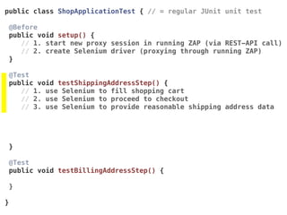public class ShopApplicationTest { // = regular JUnit unit test
@Before 
public void setup() {
// 1. start new proxy session in running ZAP (via REST-API call)
// 2. create Selenium driver (proxying through running ZAP)
}
@Test 
public void testShippingAddressStep() {
// 1. use Selenium to fill shopping cart
// 2. use Selenium to proceed to checkout
// 3. use Selenium to provide reasonable shipping address data
 
}
@Test 
public void testBillingAddressStep() {
}
}
 