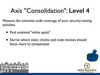 Axis "Consolidation": Level 4
Measure the concrete code coverage of your security testing
activities
• Find untested "white spots"
• Derive where static checks and code reviews should  
focus more to compensate
 