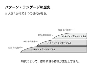 パターン・ランゲージ 1.0
1970 年代後半∼
1980 年代後半∼
1990 年代後半∼
2000 年代後半∼
パターン・ランゲージ 2.0
パターン・ランゲージ 3.0
パターン・ランゲージの歴史
大きく分けて３つの世代がある。
時代によって、応用領域や特徴が変化してきた。
 