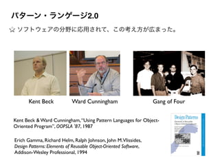 Ward CunninghamKent Beck
Kent Beck & Ward Cunningham,“Using Pattern Languages for Object-
Oriented Program”, OOPSLA '87, 1987
Gang of Four
ソフトウェアの分野に応用されて、この考え方が広まった。
Erich Gamma, Richard Helm, Ralph Johnson, John M.Vlissides,	

Design Patterns: Elements of Reusable Object-Oriented Software,	

Addison-Wesley Professional, 1994
パターン・ランゲージ2.0
 
