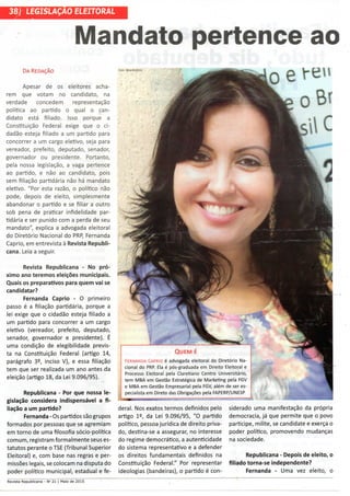 Artigo "Mandato pertence ao partido e não ao eleito" (Fernanda Caprio) Revista Republicana maio/2015