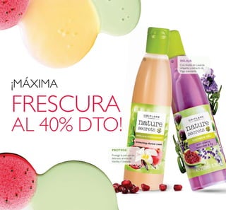ቢ
ባ
110
Protege la piel con su
delicioso aroma de
Vainilla y Granada.
Con Aceite de Lavanda
relajante y extracto de
Higo suavizante
RELAJA
PROTEGE
¡MÁXIMA
FRESCURA
AL 40% DTO!
 