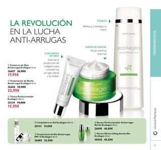 ባ Tratamiento de Noche
Antiarrugas Ecollagen 50 ml.
26686 35,00€
22,95€
ቢ Contorno de Ojos
Antiarrugas Ecollagen 15 ml.
26687 26,00€
17,95€
ቤ Tónico Perfeccionador
Ecollagen 200 ml.
30139 19,00€
12,95€
ብ Limpiadora en Gel Ecollagen 200 ml.
30141 19,00€
CONTORNO
DE OJOS
ቧ Serum Perfeccionador Antiarrugas
Noche Ecollagen 30 ml.
26690 40,00€
ቨ Serum Efecto Lifting Acción Día
Ecollagen 30 ml.
30030 40,00€
ቦ Tratamiento de Día Antiarrugas
SPF 15 Ecollagen 50 ml.
26685 35,00€
LA REVOLUCIÓN
EN LA LUCHA
ANTI-ARRUGAS
Actúa mientras
duermes
Refresca y revitaliza tu
rostro
Estimula la
producción de
colágeno para
combatir las
arrugas, ojeras
y las bolsas.
TÓNICO
ቢ
ባ
ቤ
ብ
ቦ
ቧ ቨ
TRATAMIENTOS
65
CREMA DE NOCHE
 