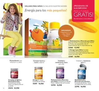 82
¡Energía para los más pequeños!
Complejo de Belleza
Antioxidante Plus
Contenido para 30 días.
Tomar una cápsula al día con
la comida.
25414 22,95€
¡PROGRAMA DE
SUSCRIPCIÓN!
GRATIS!
¡Recibe tu 4º producto
ባ Omega 3 para Niños Cantidad
recomendada de ácidos grasos para el
crecimiento y desarrollo intelectual. Sabor limón.
A partir de 3 años. 105 ml.
22467 16,95€
ቢ Multivitaminas y Minerales para Niños
Niños de 4-9 años: un comprimido al día. A partir
de 10 años: dos comprimidos al día. 21
comprimidos de 1.1g. 21 comprimidos de 1.1g.
22465 12,95€
INMUNIDAD
•Vitamina A, C y D
• Zinc, Selenio
• Omega 3
WELLNESS PARA NIÑOS. SU SALUD ES NUESTRA ALEGRÍA
Multivitaminas y Minerales
para Mujer Contenido para 60 días.
Tomar 1 tableta al día con la comida.
22794 16,95€
Vitalidad y
rendimiento extra
para ella
Multivitaminas y
Minerales para Hombre
Contenido para 60 días. Tomar
una tableta al día con la comida.
22795 16,95€
Vitalidad y resistencia
para él
Omega 3 1 month
Contenido para 30 días
15397 16,95€
Corazón fuerte y
rostro radiante
Antioxidantes que
refuerzan tu salud
ቢ
ባ
 