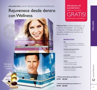 83
WELLNESS
83
Rejuvenece desde dentro
con Wellness
Wellness Pack
WELLNESS PACK.
PIEL
CORAZÓN
SISTEMA INMUNOLÓGICO
MÚSCULOSY ARTICULACIONES
BENEFICIOS:
VISIÓN
¡PROGRAMA DE
SUSCRIPCIÓN!
ባ WellnessPack Bienestar Hombre 21 d
22793 28,95€
ቢ WellnessPack Bienestar Mujer 21 d
22791 28,95€
Nutrientes
en bolsitas
unidosis:
ቢ
ባ
 