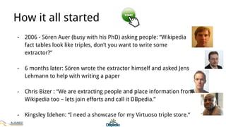 How it all started
- 2006 - Sören Auer (busy with his PhD) asking people: “Wikipedia
fact tables look like triples, don’t you want to write some
extractor?”
- 6 months later: Sören wrote the extractor himself and asked Jens
Lehmann to help with writing a paper
- Chris Bizer : “We are extracting people and place information from
Wikipedia too – lets join efforts and call it DBpedia.”
- Kingsley Idehen: “I need a showcase for my Virtuoso triple store.”