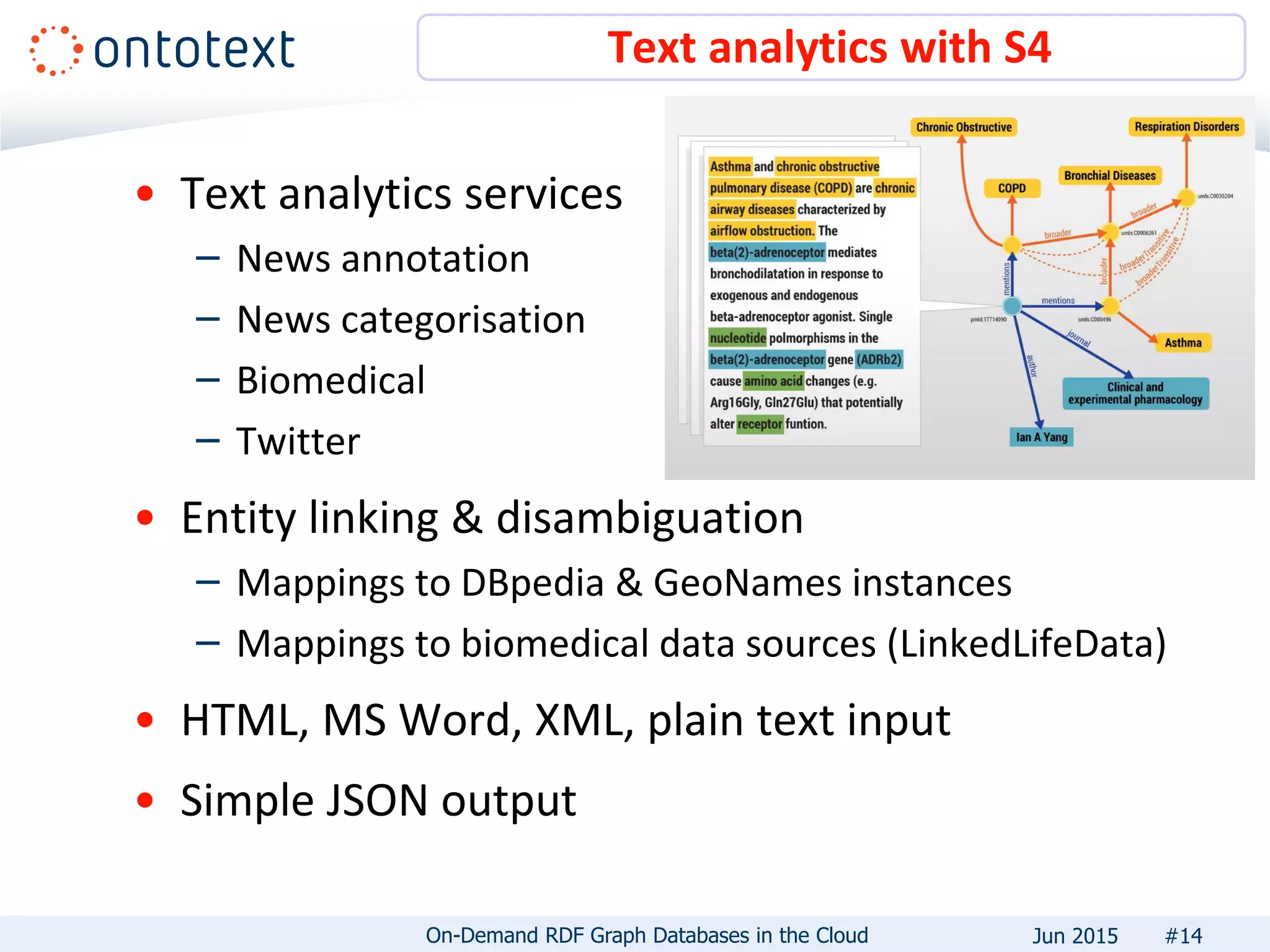 • Text analytics services
– News annotation
– News categorisation
– Biomedical
– Twitter
• Entity linking & disambiguation
– Mappings to DBpedia & GeoNames instances
– Mappings to biomedical data sources (LinkedLifeData)
• HTML, MS Word, XML, plain text input
• Simple JSON output
Text analytics with S4
#14On-Demand RDF Graph Databases in the Cloud Jun 2015
 