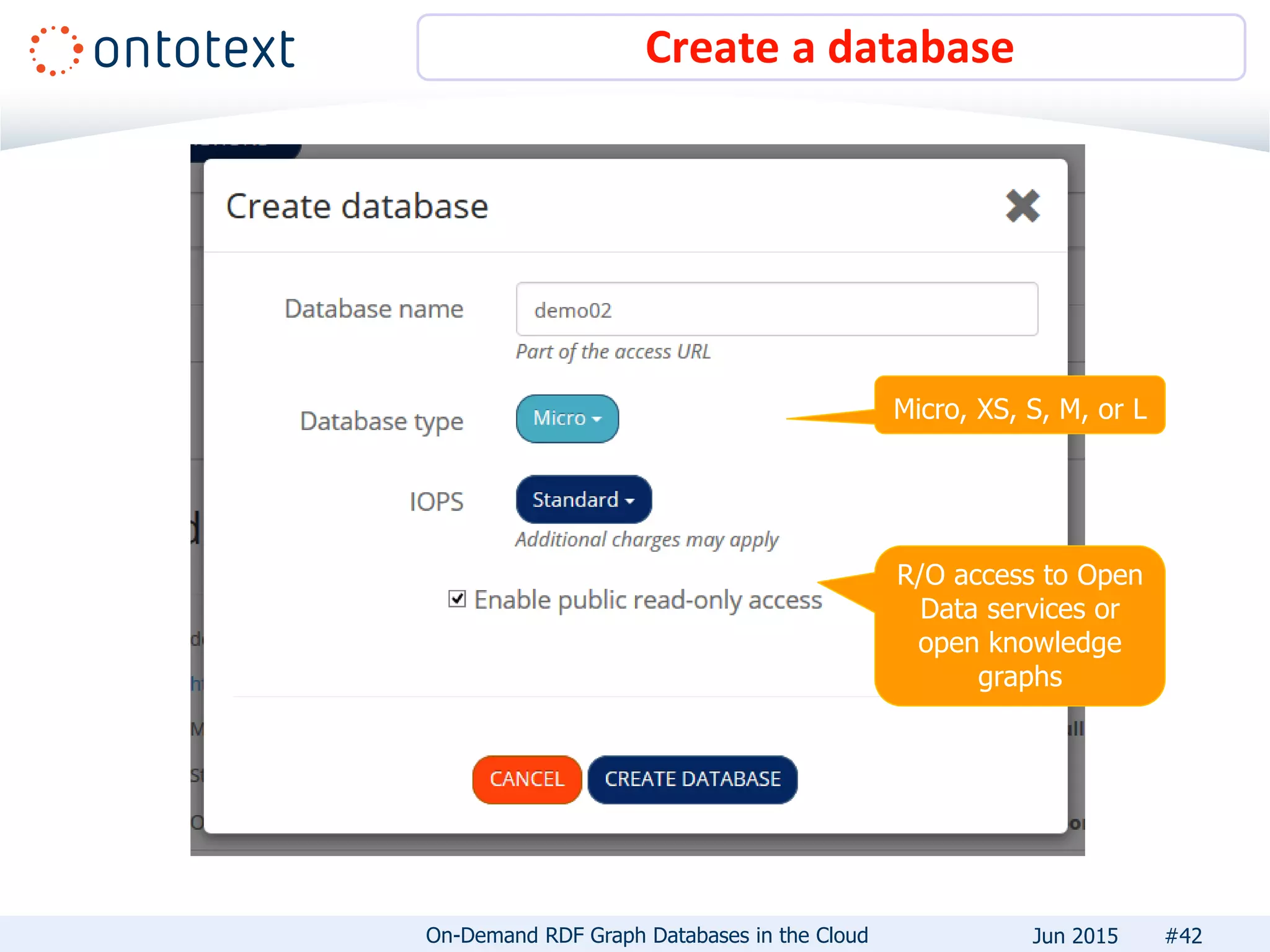 Create a database
#42On-Demand RDF Graph Databases in the Cloud Jun 2015
Micro, XS, S, M, or L
R/O access to Open
Data services or
open knowledge
graphs
 