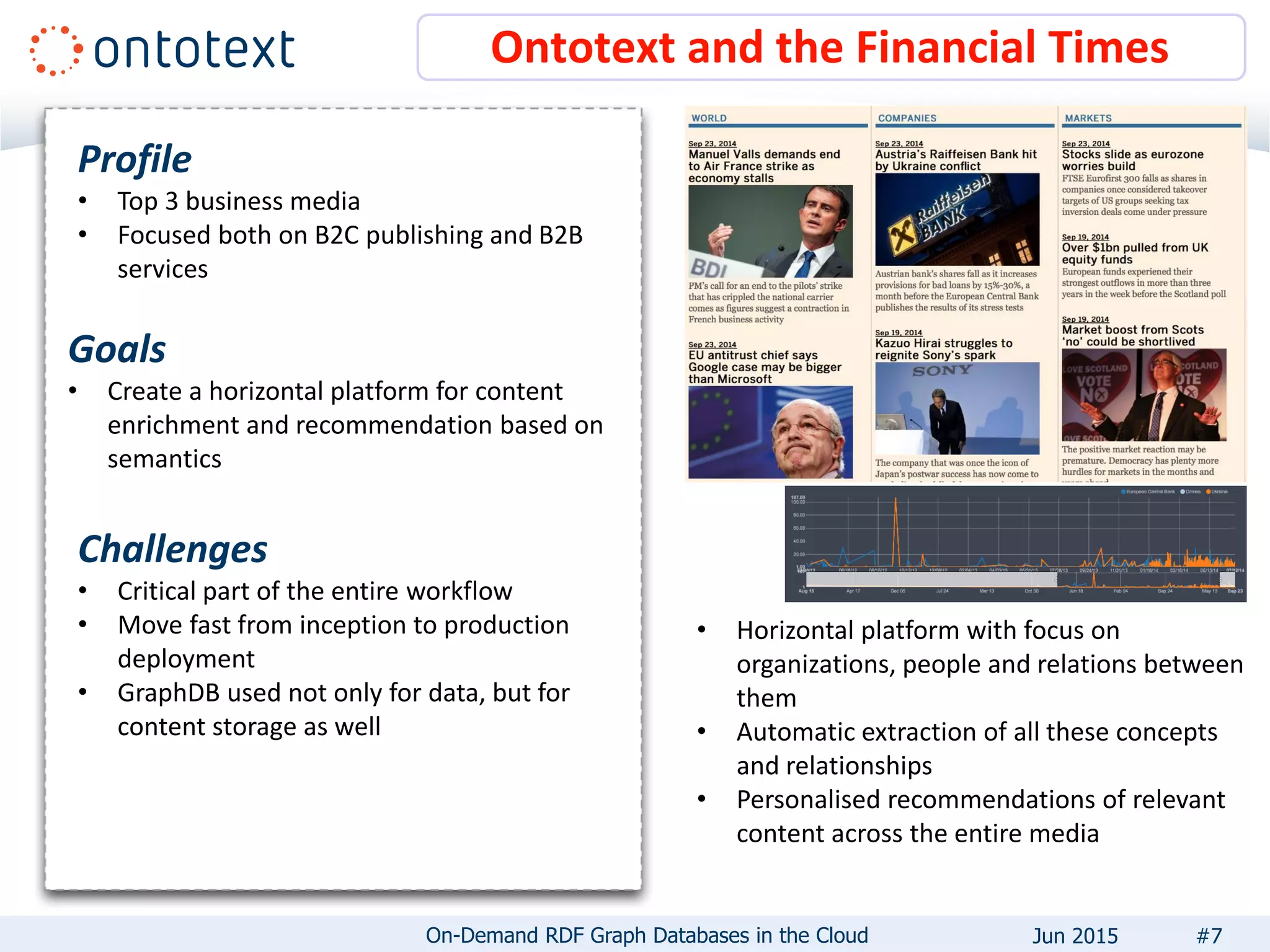 Ontotext and the Financial Times
Profile
• Top 3 business media
• Focused both on B2C publishing and B2B
services
Goals
• Create a horizontal platform for content
enrichment and recommendation based on
semantics
Challenges
• Critical part of the entire workflow
• Move fast from inception to production
deployment
• GraphDB used not only for data, but for
content storage as well
• Horizontal platform with focus on
organizations, people and relations between
them
• Automatic extraction of all these concepts
and relationships
• Personalised recommendations of relevant
content across the entire media
#7On-Demand RDF Graph Databases in the Cloud Jun 2015
 