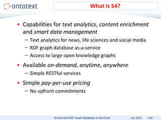 • Capabilities for text analytics, content enrichment
and smart data management
– Text analytics for news, life sciences and social media
– RDF graph database as-a-service
– Access to large open knowledge graphs
• Available on-demand, anytime, anywhere
– Simple RESTful services
• Simple pay-per-use pricing
– No upfront commitments
What is S4?
#10On-Demand RDF Graph Databases in the Cloud Jun 2015
 