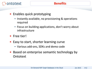 • Enables quick prototyping
– Instantly available, no provisioning & operations
required
– Focus on building applications, don’t worry about
infrastructure
• Free tier!
• Easy to start, shorter learning curve
– Various add-ons, SDKs and demo code
• Based on enterprise semantic technology by
Ontotext
Benefits
#12On-Demand RDF Graph Databases in the Cloud Jun 2015
 