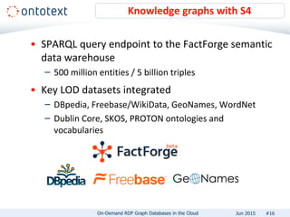 • SPARQL query endpoint to the FactForge semantic
data warehouse
– 500 million entities / 5 billion triples
• Key LOD datasets integrated
– DBpedia, Freebase/WikiData, GeoNames, WordNet
– Dublin Core, SKOS, PROTON ontologies and
vocabularies
Knowledge graphs with S4
#16On-Demand RDF Graph Databases in the Cloud Jun 2015
 
