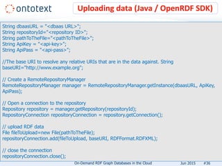 Uploading data (Java / OpenRDF SDK)
#36
String dbaasURL = "<dbaas URL>";
String repositoryId="<repository ID>";
String pathToTheFile="<pathToTheFile>";
String ApiKey = "<api-key>";
String ApiPass = "<api-pass>";
//The base URI to resolve any relative URIs that are in the data against. String
baseURI="http://www.example.org";
// Create a RemoteRepositoryManager
RemoteRepositoryManager manager = RemoteRepositoryManager.getInstance(dbaasURL, ApiKey,
ApiPass);
// Open a connection to the repository
Repository repository = manager.getRepository(repositoryId);
RepositoryConnection repositoryConnection = repository.getConnection();
// upload RDF data
File fileToUpload=new File(pathToTheFile);
repositoryConnection.add(fileToUpload, baseURI, RDFFormat.RDFXML);
// close the connection
repositoryConnection.close();
On-Demand RDF Graph Databases in the Cloud Jun 2015
 