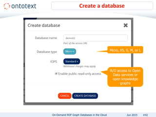 Create a database
#42On-Demand RDF Graph Databases in the Cloud Jun 2015
Micro, XS, S, M, or L
R/O access to Open
Data services or
open knowledge
graphs
 