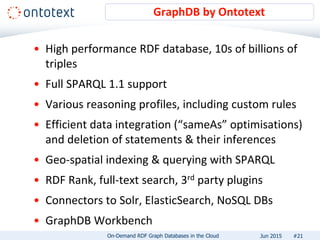 • High performance RDF database, 10s of billions of
triples
• Full SPARQL 1.1 support
• Various reasoning profiles, includ...