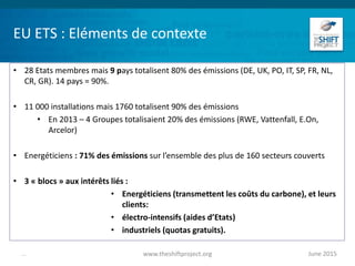 EU ETS : Eléments de contexte
• 28 Etats membres mais 9 pays totalisent 80% des émissions (DE, UK, PO, IT, SP, FR, NL,
CR, GR). 14 pays = 90%.
• 11 000 installations mais 1760 totalisent 90% des émissions
• En 2013 – 4 Groupes totalisaient 20% des émissions (RWE, Vattenfall, E.On,
Arcelor)
• Energéticiens : 71% des émissions sur l’ensemble des plus de 160 secteurs couverts
• 3 « blocs » aux intérêts liés :
• Energéticiens (transmettent les coûts du carbone), et leurs
clients:
• électro-intensifs (aides d’Etats)
• industriels (quotas gratuits).
June 2015www.theshiftproject.org...
 