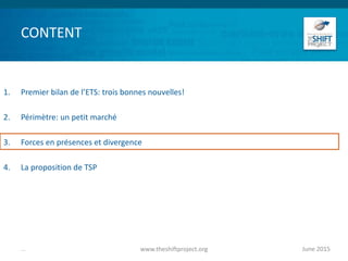 CONTENT
1. Premier bilan de l’ETS: trois bonnes nouvelles!
2. Périmètre: un petit marché
3. Forces en présences et divergence
4. La proposition de TSP
June 2015www.theshiftproject.org...
 