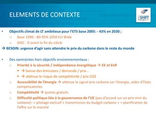 ELEMENTS DE CONTEXTE
• Objectifs climat de LT ambitieux pour l’ETS base 2005: - 43% en 2030 ;
o Base 1990: -80-95% 2050 EU Wide
o GIEC : 0 avant la fin du siècle
 BESOIN: urgence d’agir sans attendre le prix du carbone dans le reste du monde
• Des contraintes hors objectifs environnementaux :
o Priorité à la sécurité / indépendance énergétique  EE et EnR
  baisse des émissions / demande / prix…
  atténue le risque de compétitivité / prix CO2
o Accessibilité de l’énergie  atténue le signal prix carbone sur l’énergie, aides d’Etats
compensatoires
o Compétitivité  quotas gratuits
o Difficulté politique liée à la gouvernance de l’UE (pas d’accord sur un prix mini du
carbone) -> pilotage exclusif « transmission du budget carbone » = planification de
l’offre sur le marché
 