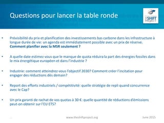 Questions pour lancer la table ronde
• Prévisibilité du prix et planification des investissements bas carbone dans les infrastructure à
longue durée de vie: un agenda est immédiatement possible avec un prix de réserve.
Comment planifier avec la MSR seulement ?
• A quelle date estimez vous que le manque de quota réduira la part des énergies fossiles dans
le mix énergétique européen et dans l’industrie ?
• Industrie: comment atteindrez-vous l’objectif 2030? Comment créer l’incitation pour
engager des réductions dès demain?
• Report des efforts industriels / compétitivité: quelle stratégie de repli quand concurrence
avec le Cap?
• Un prix garanti de rachat de vos quotas à 30 €: quelle quantité de réductions d’émissions
peut-on obtenir sur l’EU ETS?
June 2015www.theshiftproject.org...
 
