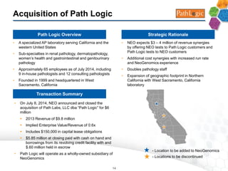 $10
• On July 8, 2014, NEO announced and closed the
acquisition of Path Labs, LLC dba “Path Logic” for $6
million
 2013 Revenue of $9.8 million
 Implied Enterprise Value/Revenue of 0.6x
 Includes $150,000 in capital lease obligations
 $5.85 million at closing paid with cash on hand and
borrowings from its revolving credit facility with and
$.60 million held in escrow
• Path Logic will operate as a wholly-owned subsidiary of
NeoGenomics
Acquisition of Path Logic
Strategic RationalePath Logic Overview
Transaction Summary
• A specialized AP laboratory serving California and the
western United States
• Sub-specialties in renal pathology, dermatopathology,
women’s health and gastrointestinal and genitourinary
pathology
• Approximately 65 employees as of July 2014, including
9 in-house pathologists and 12 consulting pathologists
• Founded in 1999 and headquartered in West
Sacramento, California
• NEO expects $3 – 4 million of revenue synergies
by offering NEO tests to Path Logic customers and
Path Logic tests to NEO customers
• Additional cost synergies with increased run rate
and NeoGenomics experience
• Doubles pathology staff
• Expansion of geographic footprint in Northern
California with West Sacramento, California
laboratory
- Location to be added to NeoGenomics
- Locations to be discontinued
14
 
