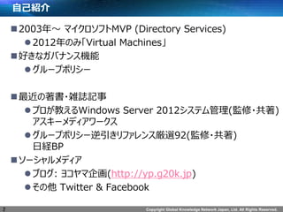 Copyright Global Knowledge Network Japan, Ltd. All Rights Reserved.
ԼB
?2003ꡫ ޥեMVP (Directory Services)
?2012ΤߡVirtual Machines
?äʥХʥ󥹙C
?`ץݥꥷ`
??jIӛ
?ץ̤Windows Server 2012ƥ(O?)
`ǥ`
?`ץݥꥷ`ե󥹅x92(O?)
սUBP
?`ǥ
?֥: 襳(http://yp.g20k.jp)
? Twitter & Facebook
2
 