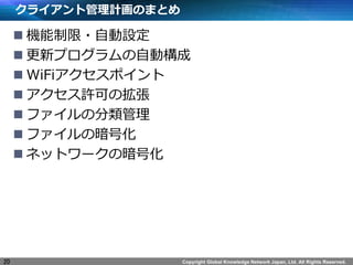 Copyright Global Knowledge Network Japan, Ltd. All Rights Reserved.
饤ȹӋΤޤȤ
? C?ԄO
? ¥ץԄӘ
? WiFiݥ
? SɤΒ
? եη
? եΰŻ
? ͥåȥ`ΰŻ
20
 