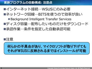 Copyright Global Knowledge Network Japan, Ltd. All Rights Reserved.
¥ץԄӘ: ע
?󥿩`ͥåȽӾAWSUSˤΤ߱Ҫ
?ͥåȥ`ؾBITSʹΤǄʤ
?Background Intelligent Transfer Services
?ǥ䲼Τ`
?JIָԄӳJ
?ע
8
Τ餫βߺϤꡢޥեȤȡ¤Ƥ
줬WSUS˷ӳޤǤϥ󥹥ȩ`뤬
 