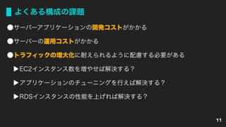 よくある構成の課題
サーバーアプリケーションの開発コストがかかる
サーバーの運用コストがかかる
トラフィックの増大化に耐えられるように配慮する必要がある
EC2インスタンス数を増やせば解決する？
アプリケーションのチューニングを行えば解決する？
RDSインスタンスの性能を上げれば解決する？
11
 