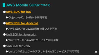 AWS Mobile SDKについて
AWS SDK for iOS
Objective-C、Swiftから利用可能
AWS SDK for Android
AWS SDK for Javaと同様の使い方が可能
AWS SDK for Javascript
WebアプリからAWSのサービスが利用可能
AWS SDK for Unity
Unityで作成したゲームアプリからAWSのサービスが利用可能 19
 