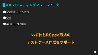 iOSのテスティングフレームワーク
Specta + Expecta
Kiwi
Quick + Nimble
22
いずれもRSpec形式の
テストケース作成をサポート
 