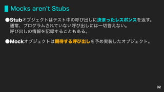 Mocks aren t Stubs
Stubオブジェクトはテスト中の呼び出しに決まったレスポンスを返す。 
通常、プログラムされていない呼び出しには一切答えない。 
呼び出しの情報を記録することもある。
Mockオブジェクトは期待する呼び出しを予め実装したオブジェクト。
32
 