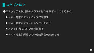 スタブとは？
スタブはテスト対象のクラスの動作をサポートできるもの
テスト対象のクラスにスタブを渡す
テスト対象のクラスのメソッドを呼ぶ
メソッド内でスタブが呼ばれる
テスト対象が保持している結果をAssertする
33
 