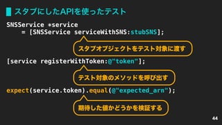 スタブにしたAPIを使ったテスト
44
SNSService *service
= [SNSService serviceWithSNS:stubSNS];
[service registerWithToken:@"token"];
expect(service.token).equal(@"expected_arn");
スタブオブジェクトをテスト対象に渡す
テスト対象のメソッドを呼び出す
期待した値かどうかを検証する
 