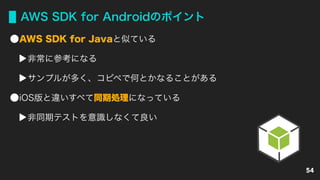 AWS SDK for Androidのポイント
AWS SDK for Javaと似ている
非常に参考になる
サンプルが多く、コピペで何とかなることがある
iOS版と違いすべて同期処理になっている
非同期テストを意識しなくて良い
54
 