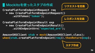 Mockitoを使ったスタブの作成
56
CreatePlatformEndpointRequest req
= new CreatePlatformEndpointRequest()
.withToken("token");
CreatePlatformEndpointResult exp
= new CreatePlatformEndpointResult()
.withEndpointArn("expected_arn");
AmazonSNSClient stub = mock(AmazonSNSClient.class);
when(stub.createPlatformEndpoint(req)).thenReturn(exp);
リクエストを定義
レスポンスを定義
スタブ作成
 