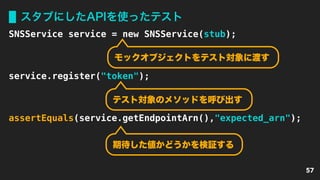 スタブにしたAPIを使ったテスト
57
SNSService service = new SNSService(stub);
service.register("token");
assertEquals(service.getEndpointArn(),"expected_arn");
モックオブジェクトをテスト対象に渡す
テスト対象のメソッドを呼び出す
期待した値かどうかを検証する
 