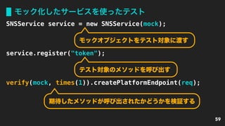 モック化したサービスを使ったテスト
59
SNSService service = new SNSService(mock);
service.register("token");
verify(mock, times(1)).createPlatformEndpoint(req);
モックオブジェクトをテスト対象に渡す
テスト対象のメソッドを呼び出す
期待したメソッドが呼び出されたかどうかを検証する
 