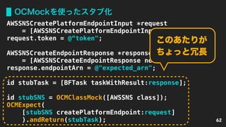 OCMockを使ったスタブ化
62
AWSSNSCreatePlatformEndpointInput *request
= [AWSSNSCreatePlatformEndpointInput new];
request.token = @“token";
AWSSNSCreateEndpointResponse *response
= [AWSSNSCreateEndpointResponse new];
response.endpointArn = @"expected_arn";
id stubTask = [BFTask taskWithResult:response];
id stubSNS = OCMClassMock([AWSSNS class]);
OCMExpect(
[stubSNS createPlatformEndpoint:request]
).andReturn(stubTask);
このあたりが
ちょっと冗長
 