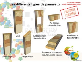Les différents types de panneaux
Murs Encastrement
d’une fenêtre
Au-dessus
d’une fenêtre
Avec angle Trapézoïdal
Panneaux horizontaux
(sol, toit, entre étages)
Au-dessous
d’une fenêtre
2
 