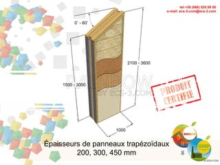Épaisseurs de panneaux trapézoïdaux
200, 300, 450 mm
1500 - 3000
1000
2100 - 3600
0˚ - 60˚
8
 