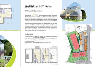 Reihenhaus F
Architektur trifft Natur
Wohnraum für Generationen
Das Ensemble besteht aus zwei miteinander verbundenen
Mehrfamilienwohnhäusern mit 2- bis 3-Zi. Wohnungen und 6 Reihenhäusern.
Architekt MMag. Kurz entwickelte bei der Planung des Bauvorhabens ein
Konzept, um Wohnraum für Generationen zu schaffen. Junge Familien, Singles
und Senioren können sich hier den Traum vom eigenen Heim verwirklichen.
Durch die geschickte Entwurfsplanung sind die Wohnräume süd- oder west-
seitig orientiert. Aufgrund der Hanglage ergeben sich versetzte Ebenen, die
eine spannende Höhenstaffelung der einzelnen Baukörper zu den öffentli-
chen Bereichen ermöglichen. Ein effizientes Energiekonzept - bestehend aus
Biomasse-Heizung in Verbindung mit einer Solaranlage - sieht die gemeinsame
Beheizung der Wohnungen und Reihenhäuser vor.
Im Überblick
•	 6 Reihenhäuser:	 ca. 88 qm Wfl., Vollkeller und ausbaubares Dachgeschoss
		 1 Carport und 1 Abstellplatz
•	 19  Wohnungen:	ca. 47 qm bis 75 qm Wfl., 2- bis 3-Zimmer Wohnungen
		 1 Carport und 1 Abstellplatz
• 	 Fußbodenheizung
•	 Baubeginn: ca. Herbst 2015, Bezugsfertig: ca. Herbst 2016
An den
3-Zi. Whg. A8
 