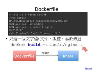Dockerﬁle
•  只是一個文字檔:	
  文件、版控、易於傳遞	
  
docker build -t azole/nginx .
# This is a nginx server
FROM debian
MAINTAINER azole <azole@pchome.com.tw>
RUN apt-get -qq update
RUN apt-get -y install nginx
EXPOSE 80
CMD ["nginx", "-g", "daemon off;"]
Image	
  Dockerfile
BUILD
Demo4	
  
 