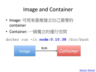 Image	
  and	
  Container
•  Image:	
  可用來重複建立自己需要的
container	
  
•  Container:	
  一個獨立的運行空間	
  	
  
docker run -it node:0.10.38 /bin/bash
Image	
   Container
RUN
Demo1,	
  Demo2	
  
 