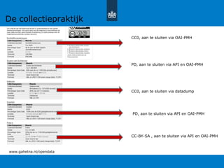 www.gahetna.nl/opendata
CC0, aan te sluiten via OAI-PMH
PD, aan te sluiten via API en OAI-PMH
CC0, aan te sluiten via datadump
PD, aan te sluiten via API en OAI-PMH
CC-BY-SA , aan te sluiten via API en OAI-PMH
De collectiepraktijk
 