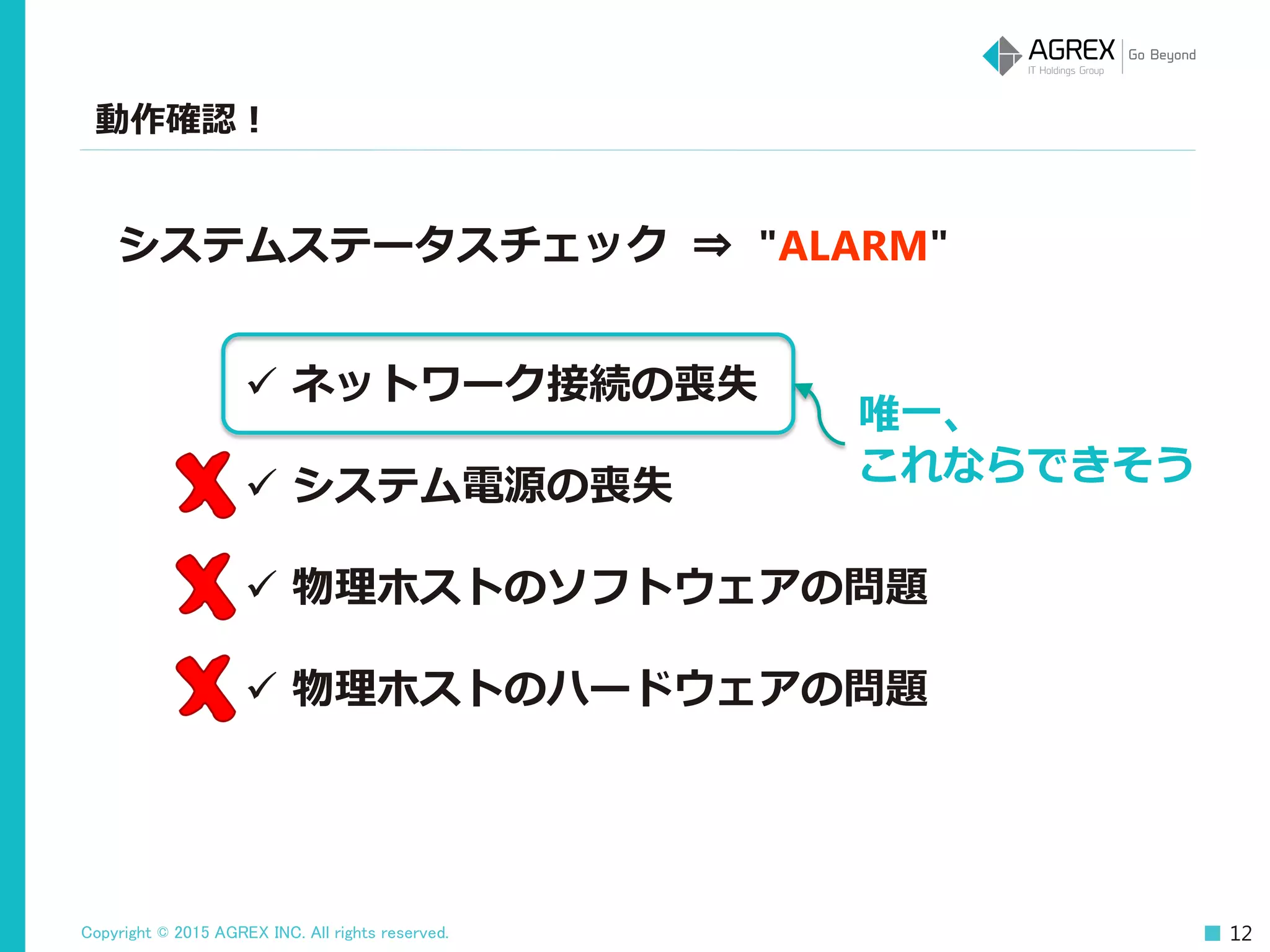 Copyright © 2015 AGREX INC. All rights reserved. 12
動作確認！
システムステータスチェック ⇒ "ALARM"
 ネットワーク接続の喪失
 システム電源の喪失
 物理ホストのソフトウェアの問題
 物理ホストのハードウェアの問題
唯一、
これならできそう
 