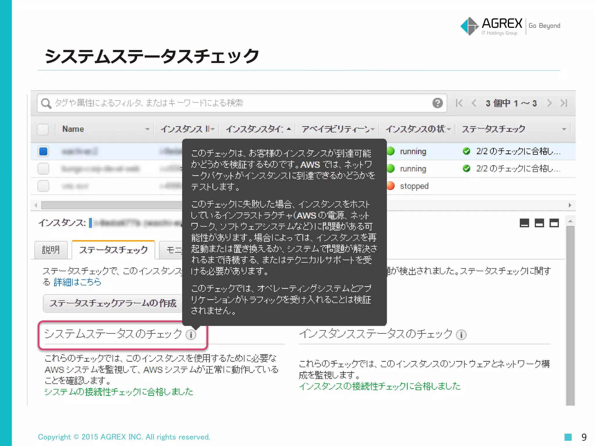 Copyright © 2015 AGREX INC. All rights reserved. 9
システムステータスチェック
 
